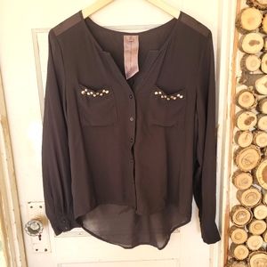 Moon Collection Metal Studded Black Sheer Long Sleeve Blouse Size Small